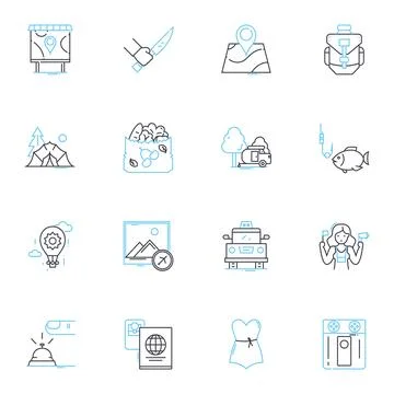 Adventure trips linear icons set. Expedition, Safari, Trekking, Exploration イラスト素材