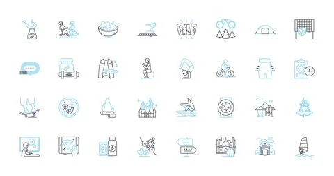 Adventure trips linear icons set. Expedition, Trekking, Safari, Rafting, Camping Stock Illustration