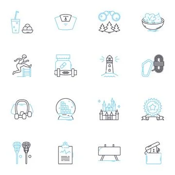 Adventure trips linear icons set. Expedition, Trekking, Safari, Rafting, Camping イラスト素材