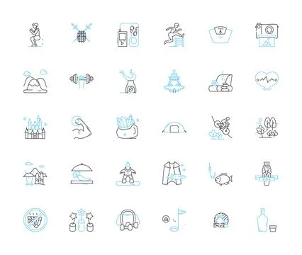 Adventure trips linear icons set. Expedition, Trekking, Safari, Rafting, Camping Stock Illustration