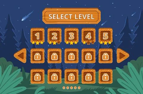 Adventure video game night interface. Wooden buttons and level screen, dark Stock Illustration