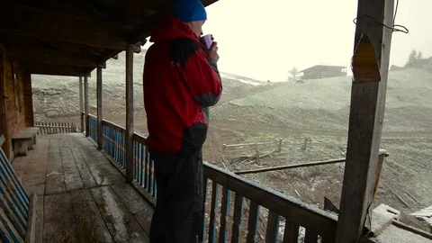 Adventurer man is drinking coffee Stock-Footage 79926823