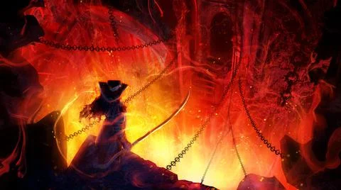 An adventurer in a sharp-angled hat stands in front of a huge fiery crevice b Stock Illustration