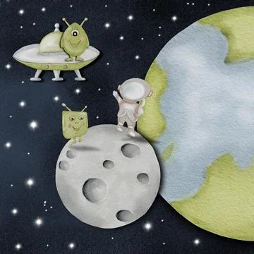 Adventurous aliens explore the moon with their UFO while looking towards Ea.. Stock Illustration