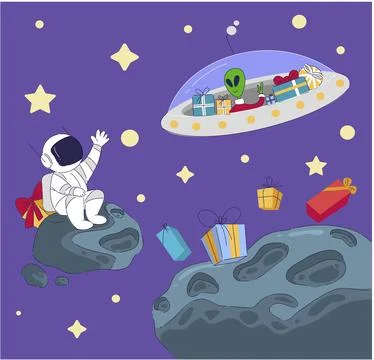 An adventurous astronaut appears cheerful with a foreign spaceship, delivering Stock Illustration