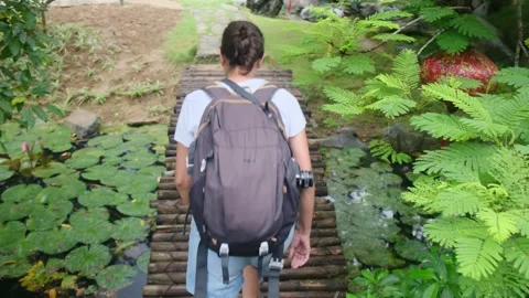 Adventurous backpacker as she embarks on a journey through lush jungles Stock Footage 252036645