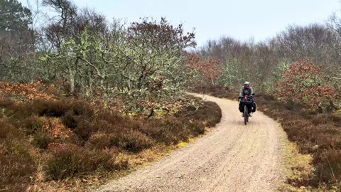 Adventurous cyclist riding a loaded bicycle on a gravel path in Denmark Video stock 339436062