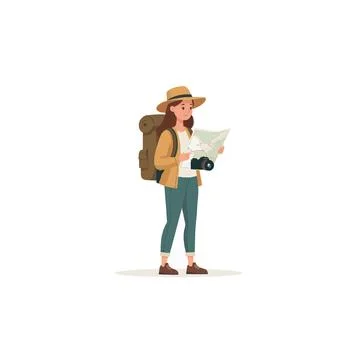 Adventurous female explorer with backpack, straw hat, and map charting her .. Stock Illustration