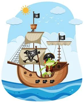 Adventurous Frog on Pirate Ship Stock Illustration