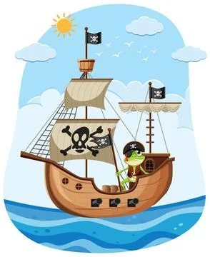 Adventurous Frog on Pirate Ship Stock Illustration