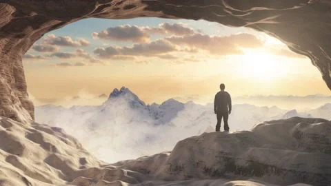 Adventurous Man Hiker standing in an Ice Cave with rocky mountains in background Stock Footage 234765660