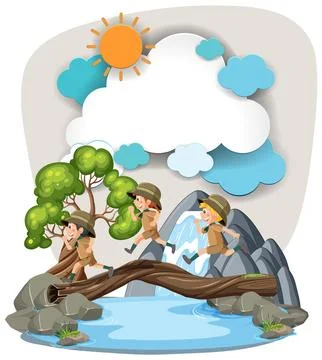Adventurous Scouts Crossing River Illustration Stock Illustration