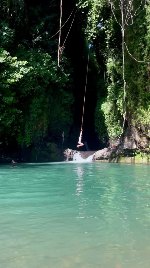 Adventurous tourist doing a rope swing jump into a hidden jungle lagoon in Bali Stock Footage 336904373