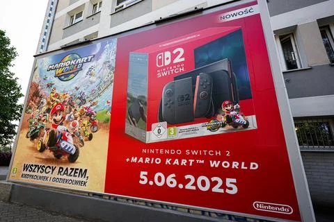 Advertisement banner for Nintendo Switch 2 in Warsaw, Poland, featuring Mar.. Stock Photos