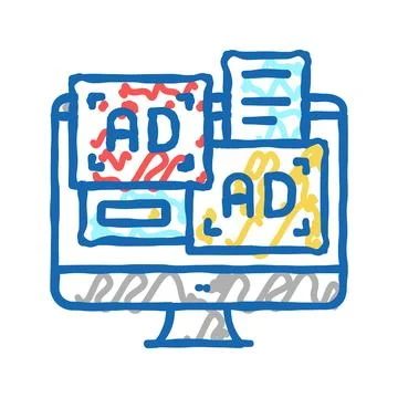 Advertisement banners on computer screen icon doodle illustration Stock Illustration