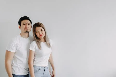 Advertisement copy space of boring face lover couple isolated on white. Stock-Fotos