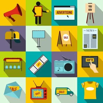Advertisement icons set, flat style Stock Illustration