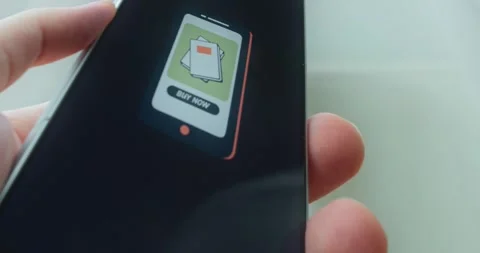 Advertisement on a mobile device with a BUY NOW button, presentation Stock Footage 313440823