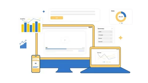 Advertisement results and backend dashboard on multiple devices with graphs Stock Footage 313343574