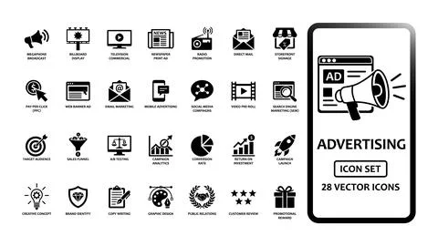 Advertising and marketing solid icon set. Features megaphone, billboard, sa.. Illustrazione stock