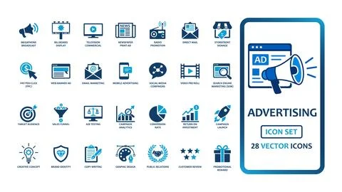 Advertising and marketing solid icon set containing icons for megaphone, bi.. Illustrazione stock