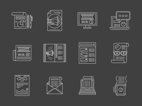 Advertising articles white line vector icons set Illustrazione stock