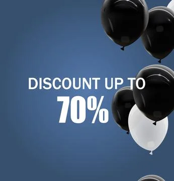 An advertising banner with a gradient blue background and floating black and Stock Illustration