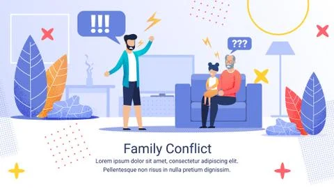 Advertising Banner Inscription Family Conflict. Puzzled Grandfather Sits on B Stock Illustration