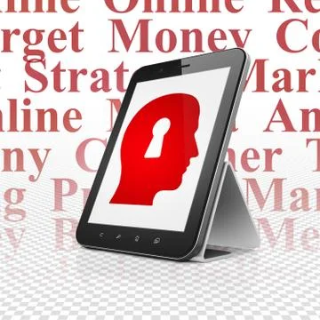 Advertising concept: Tablet Computer with Head With Keyhole on display Illustrazione stock