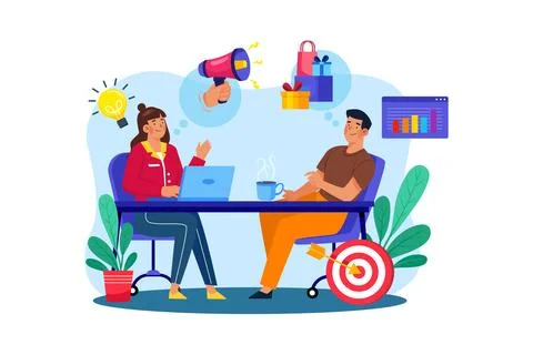 Advertising executives work with clients to develop effective advertising c.. Illustrazione stock