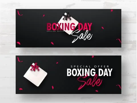 Advertising header or banner set with gift box on black background for Boxi.. Stock Illustration