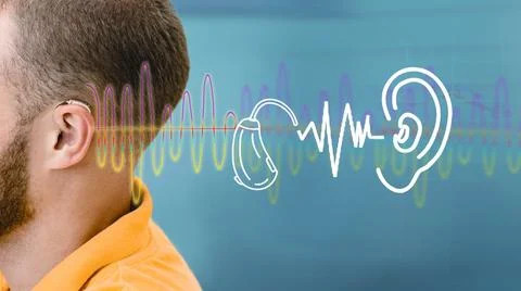 Advertising hearing solution. Hearing test, sound waves showing modern deafne Fotos Stock