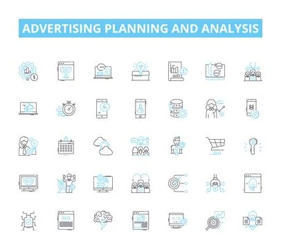 Advertising planning and analysis linear icons set. Strategy, Targeting Stock Illustration