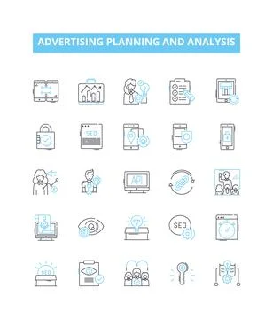 Advertising planning and analysis vector line icons set. Advertising, Planning Stock Illustration