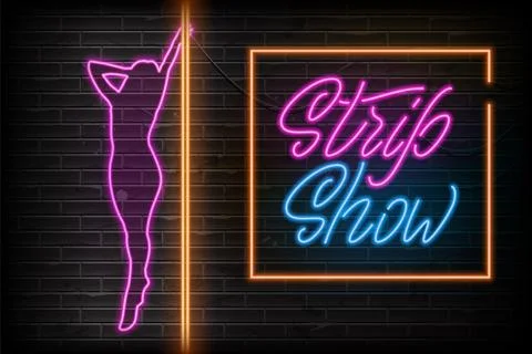 Advertising poster neon design Strip Show. Party Invitation Booklet. Neon sig Stock Illustration