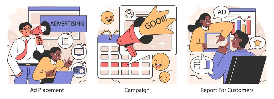 Advertising process set. Flat vector illustration. Stockillustratie