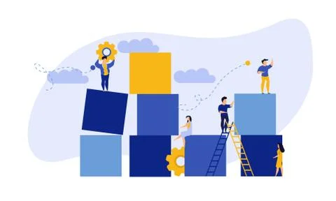 Advertising puzzle from cube block vector flat illustration. Analytics chart  Stock Illustration