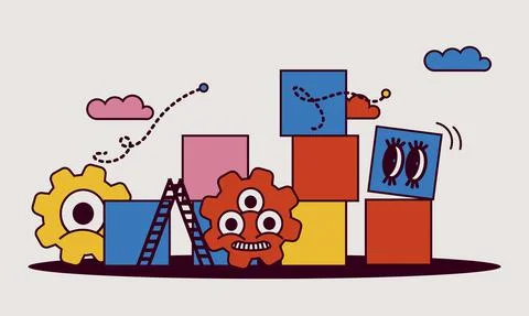 Advertising puzzle from cube block vector flat illustration. Analytics chart  Stock Illustration