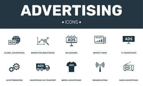 Advertising set icons collection. Includes simple elements such as Marketing Stock Illustration