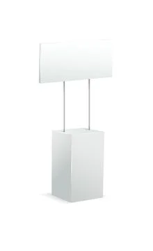 Advertising stands. Realistic modern simple, 3d promotional desk with sign top Stock Illustration