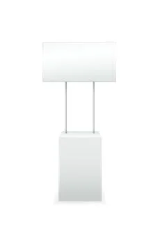 Advertising stands. Realistic modern simple, 3d promotional desk with sign top Stock Illustration