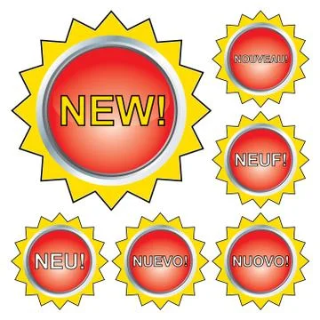 Advertising tags in six languages, vector illustration Stock Illustration