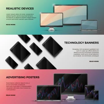 Advertising vector banners with computer screen, laptop and smartphone Stock Illustration