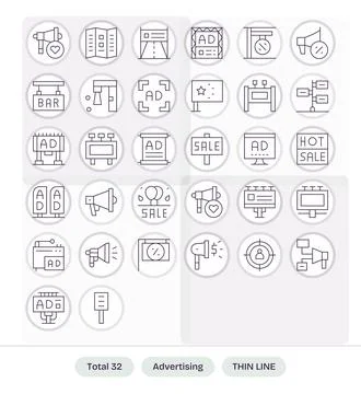 Advertising Vector Graphics featuring 32 Thin Line Detail Enhanced 128x128 .. Stock Illustration