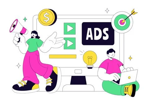 Advertising Vector Illustration Featuring Digital Marketing, Online Promoti.. Stock Illustration