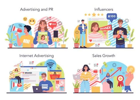 Advertsing and PR concept set. Commercial advertisement and communication Stock-Illustration