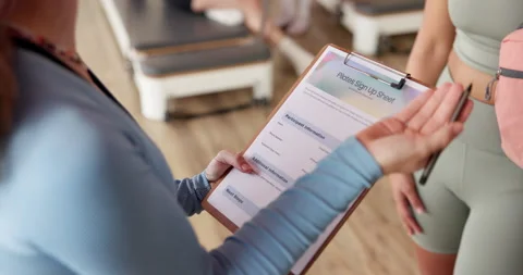 Advice, hands and clipboard for pilates membership with sign up, registration Stock Footage 319297828