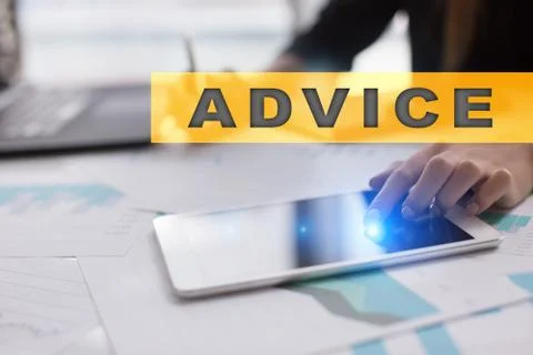 Advice text on virtual screen. Business technology and internet concept. 스톡 사진