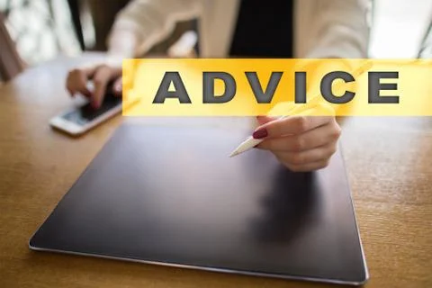 Advice text on virtual screen. Business technology and internet concept. 库存照片