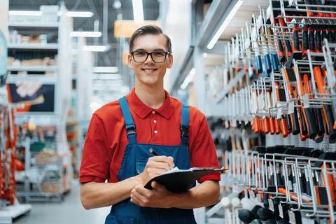 Adviser in a hardware store making notes about the availability of goods on the Stock Photos